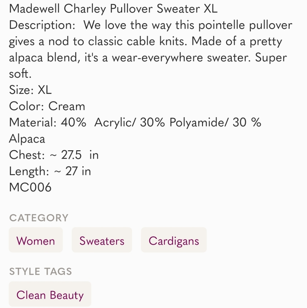 Madewell Charley Pullover Sweater XL - Picture 9 of 9